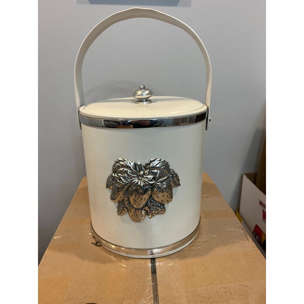 Vintage MCM George Briard vinyl ice bucket with pewter strawberries